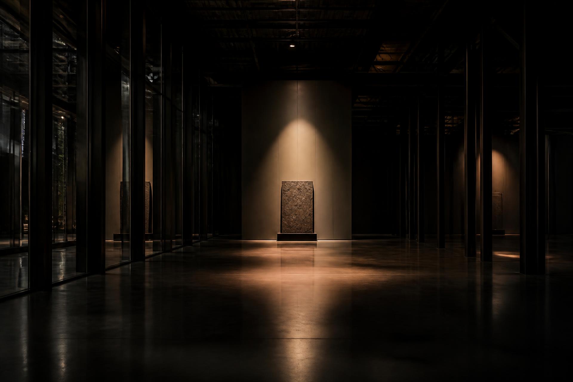 A single overhead spotlight in a darkened gallery